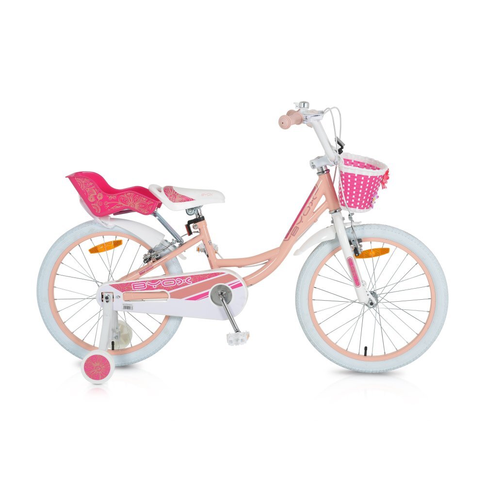Byox Bicicleta pentru fetite cu roti ajutatoare Fashion Girl Coral 20 inch varsta 6-9 ani cu inaltimea recomandata 135-155 cm scaun si ghidon reglabile pe inaltime frana de mana pe ambele roti cosulet si claxon incluse