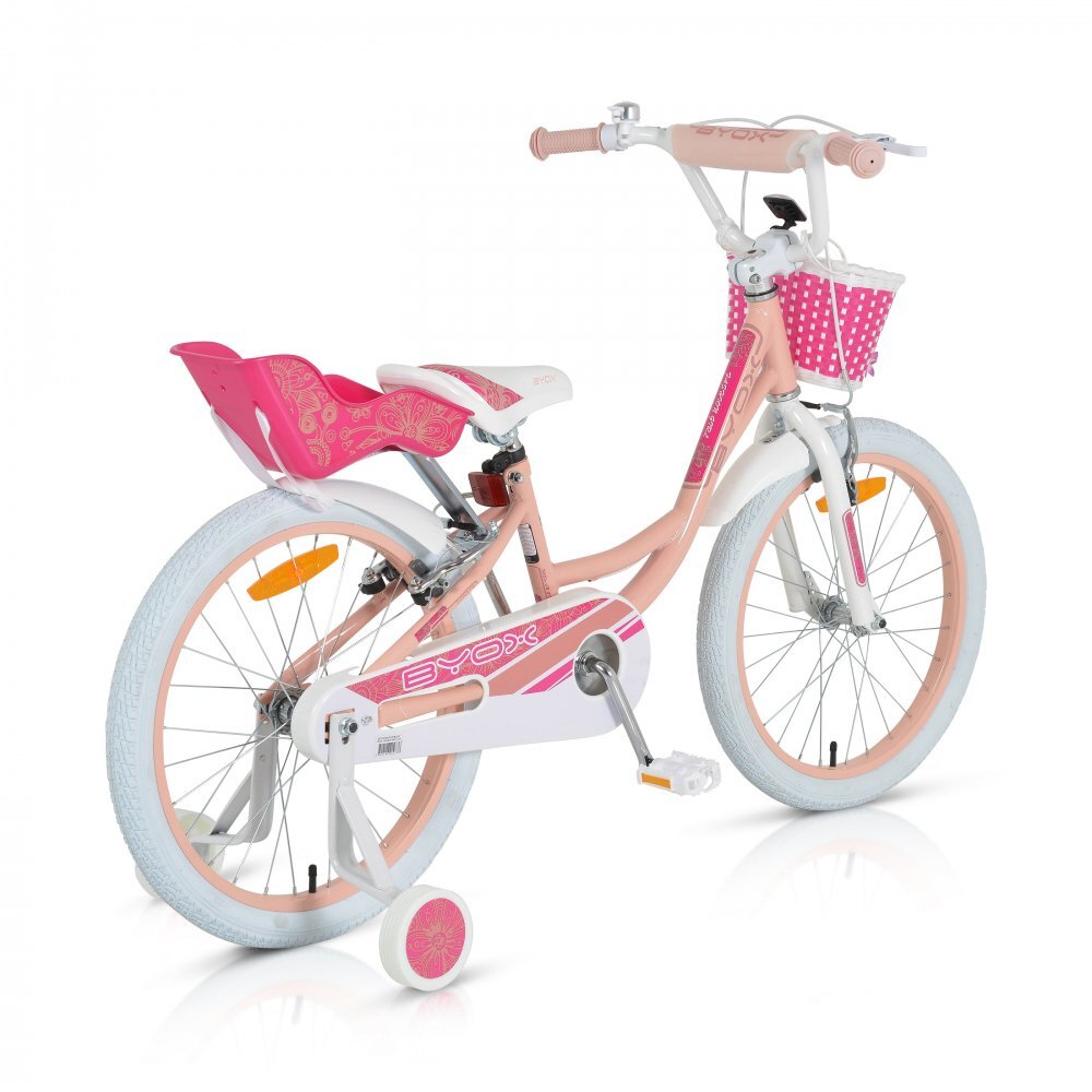 Byox Bicicleta pentru fetite cu roti ajutatoare Fashion Girl Coral 20 inch varsta 6-9 ani cu inaltimea recomandata 135-155 cm scaun si ghidon reglabile pe inaltime frana de mana pe ambele roti cosulet si claxon incluse