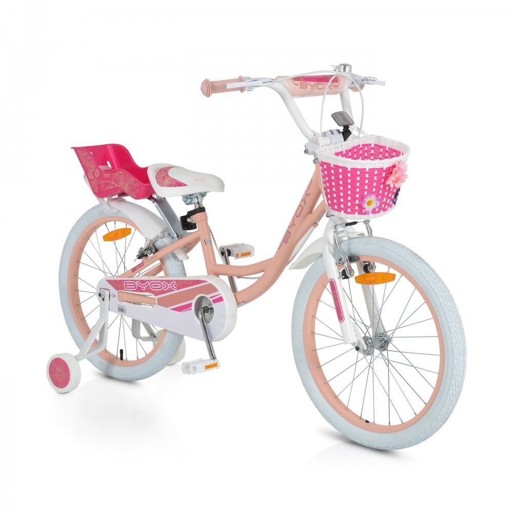 Byox Bicicleta pentru fetite cu roti ajutatoare Fashion Girl Coral 20 inch varsta 6-9 ani cu inaltimea recomandata 135-155 cm scaun si ghidon reglabile pe inaltime frana de mana pe ambele roti cosulet si claxon incluse