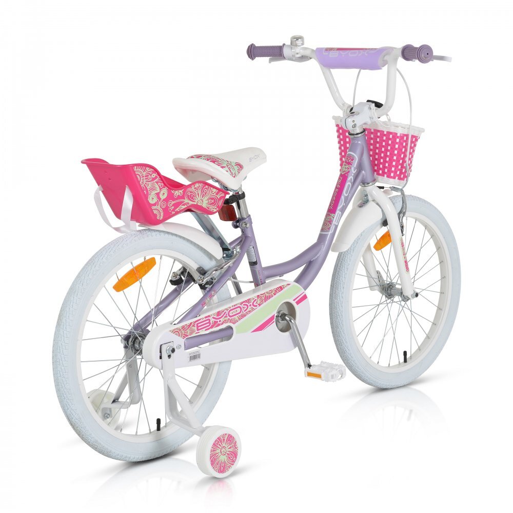 Byox Bicicleta pentru fetite cu roti ajutatoare Fashion Girl Lilac 20 inch varsta 6-9 ani cu inaltimea recomandata 135-155 cm scaun si ghidon reglabile pe inaltime frana de mana pe ambele roti cosulet si claxon incluse