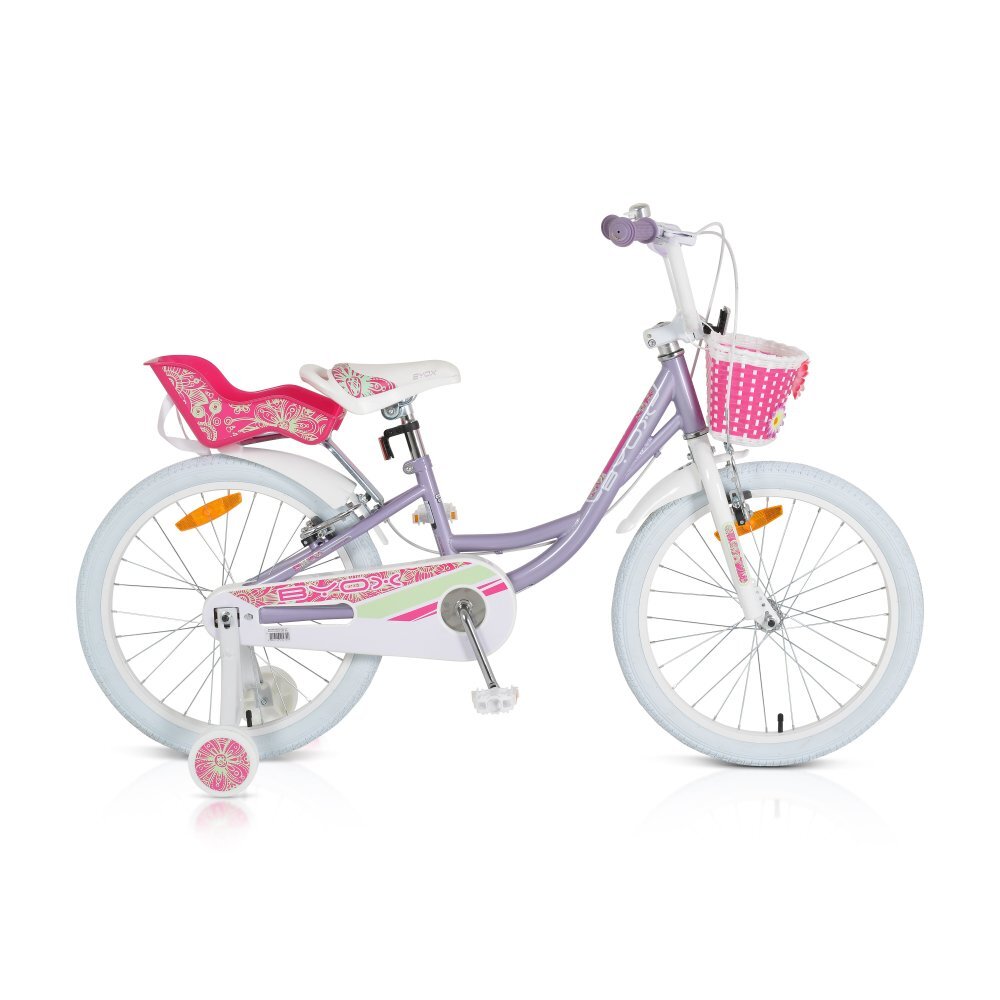 Byox Bicicleta pentru fetite cu roti ajutatoare Fashion Girl Lilac 20 inch varsta 6-9 ani cu inaltimea recomandata 135-155 cm scaun si ghidon reglabile pe inaltime frana de mana pe ambele roti cosulet si claxon incluse