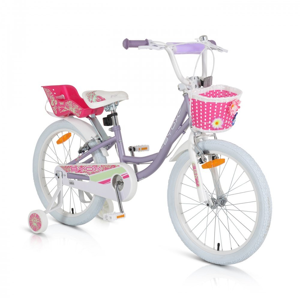 Byox Bicicleta pentru fetite cu roti ajutatoare Fashion Girl Lilac 20 inch varsta 6-9 ani cu inaltimea recomandata 135-155 cm scaun si ghidon reglabile pe inaltime frana de mana pe ambele roti cosulet si claxon incluse