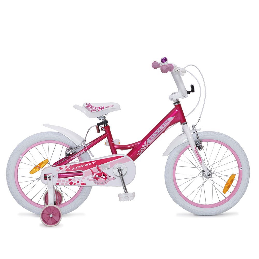 Byox Bicicleta pentru fetite cu roti ajutatoare Lovely 18 inch varsta 6-9 ani inaltimea recomandata peste 115 cm roti ajutatoare frana de mana pe ambele roti claxon sa si ghidon reglabile pe inaltime