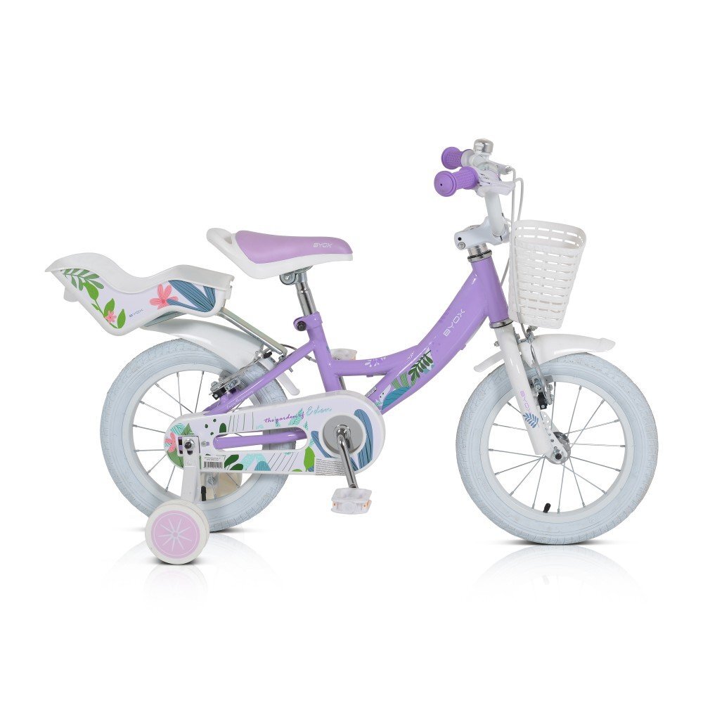 Byox Bicicleta pentru fetite Eden 14 inch cu roti ajutatoare si portbagaj scaun si ghidon ajustabile cosulet frontal pentru accesorii portbagaj pentru papusi de la 3 ani frana de mana pe ambele roti