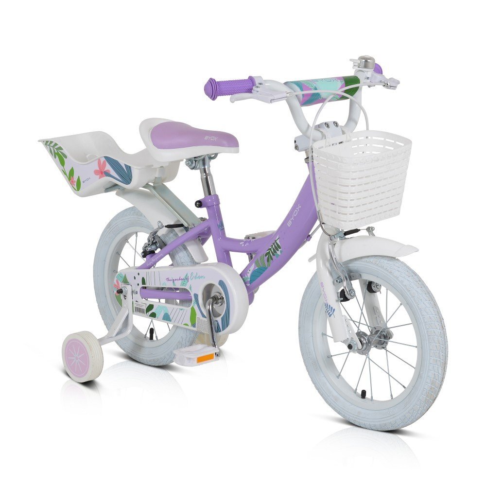 Byox Bicicleta pentru fetite Eden 14 inch cu roti ajutatoare si portbagaj scaun si ghidon ajustabile cosulet frontal pentru accesorii portbagaj pentru papusi de la 3 ani frana de mana pe ambele roti
