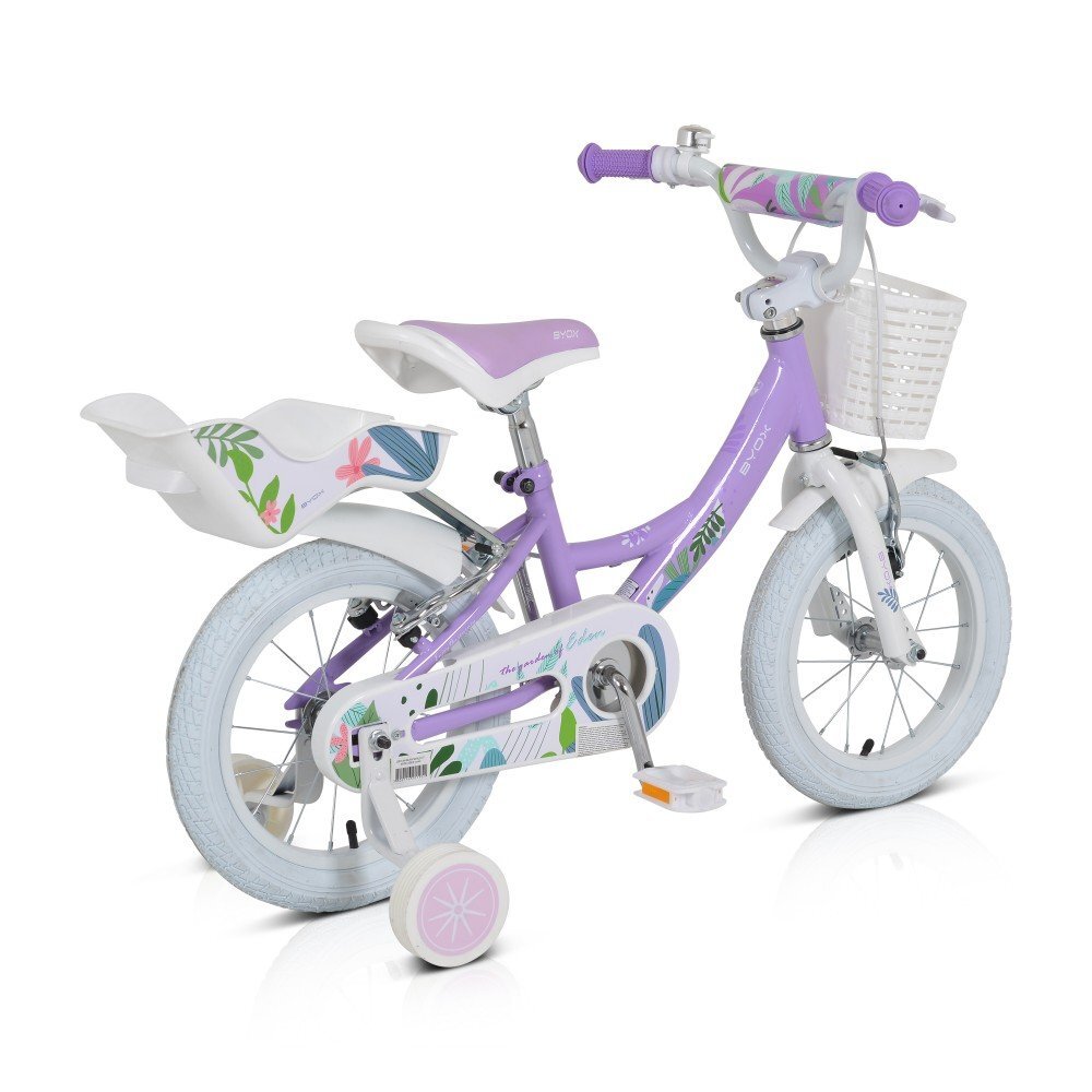 Byox Bicicleta pentru fetite Eden 14 inch cu roti ajutatoare si portbagaj scaun si ghidon ajustabile cosulet frontal pentru accesorii portbagaj pentru papusi de la 3 ani frana de mana pe ambele roti