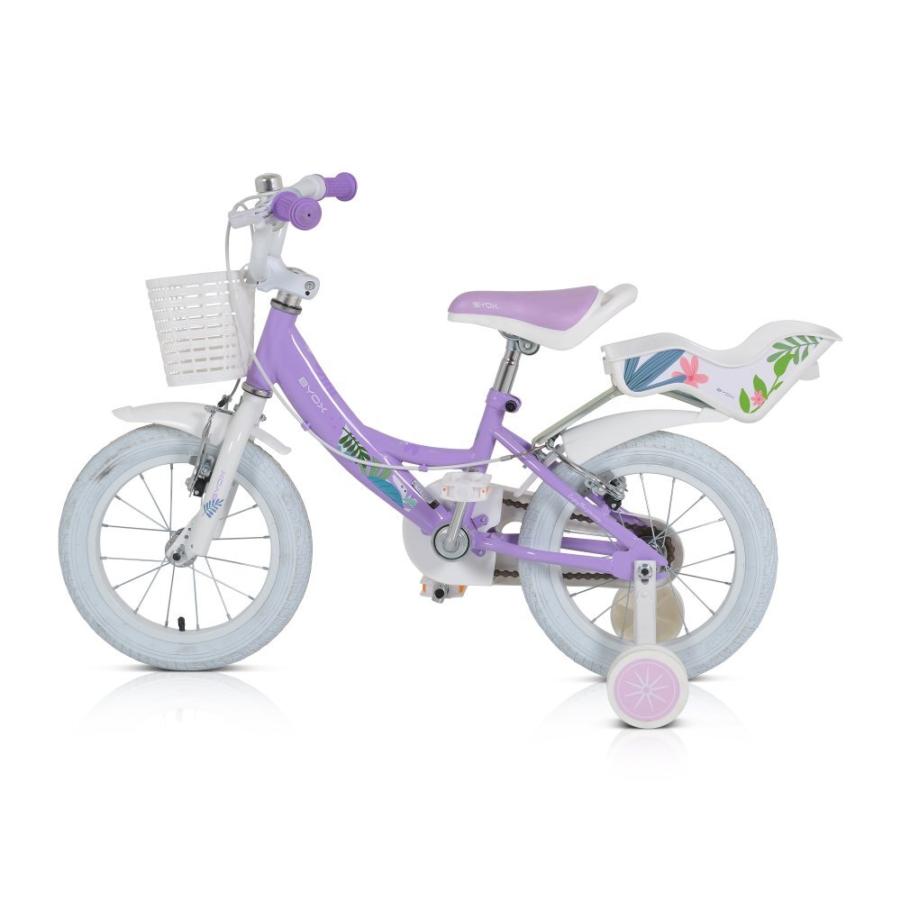 Byox Bicicleta pentru fetite Eden 14 inch cu roti ajutatoare si portbagaj scaun si ghidon ajustabile cosulet frontal pentru accesorii portbagaj pentru papusi de la 3 ani frana de mana pe ambele roti
