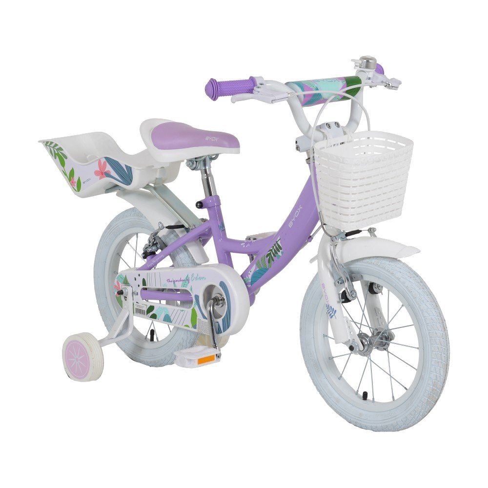 Byox Bicicleta pentru fetite Eden 14 inch cu roti ajutatoare si portbagaj scaun si ghidon ajustabile cosulet frontal pentru accesorii portbagaj pentru papusi de la 3 ani frana de mana pe ambele roti