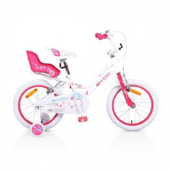 Byox Bicicleta pentru fetite Princess White 16 inch cu roti ajutatoare si portbagaj papusi frana fata si spate V-brake Sa si ghidon reglabile pe inaltime claxon