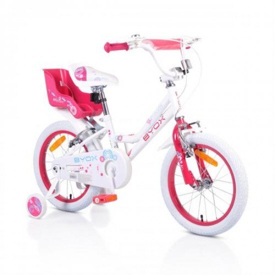 Byox Bicicleta pentru fetite Princess White 16 inch cu roti ajutatoare si portbagaj papusi frana fata si spate V-brake Sa si ghidon reglabile pe inaltime claxon