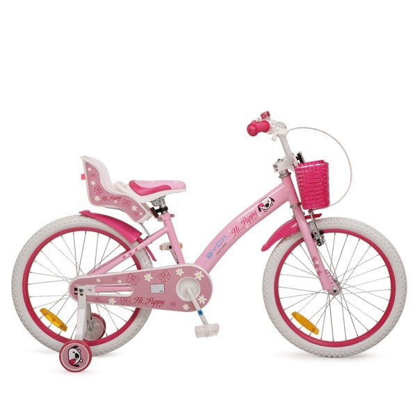 Byox Bicicleta pentru fetite Puppy 20 inch varsta 6-9 ani inaltimea 135-155 cm cu roti ajutatoare cosulet de depozitare frontal si cosulet pentru papusa in spate aparatori roti claxon