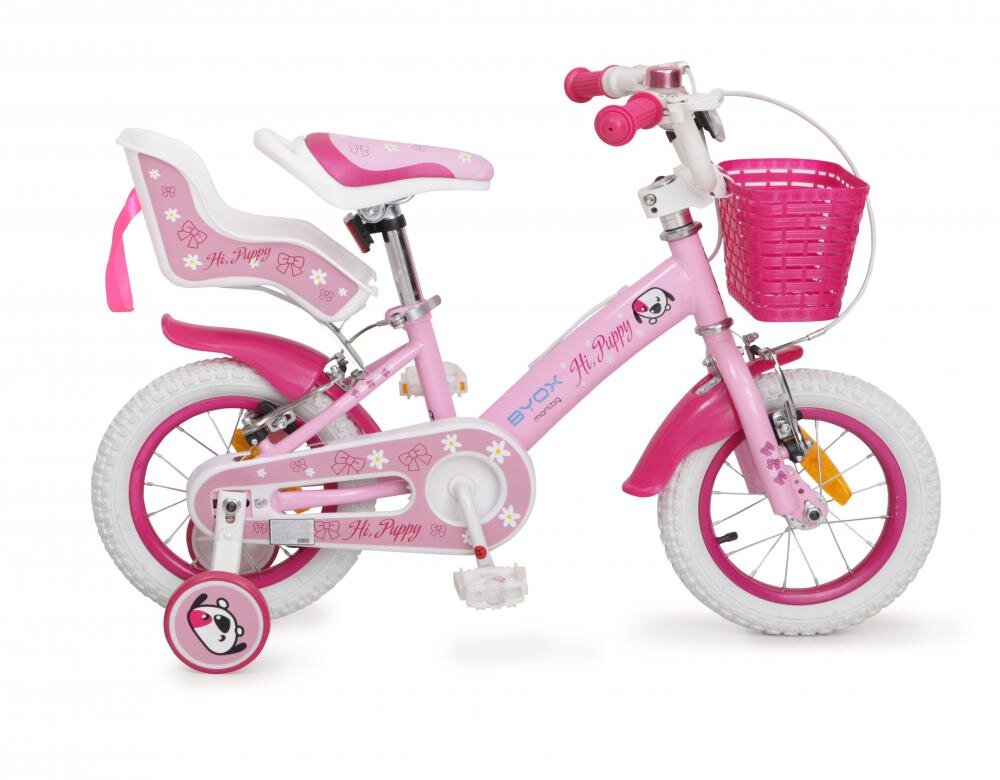 Byox Bicicleta pentru fetite Puppy Roz 12 inch varsta 3-4 ani inaltimea recomandata 87-120 cm frana de mana pe ambele roti cosulet si scaunel pentru papusa roti ajutatoare aparatori pentru roti