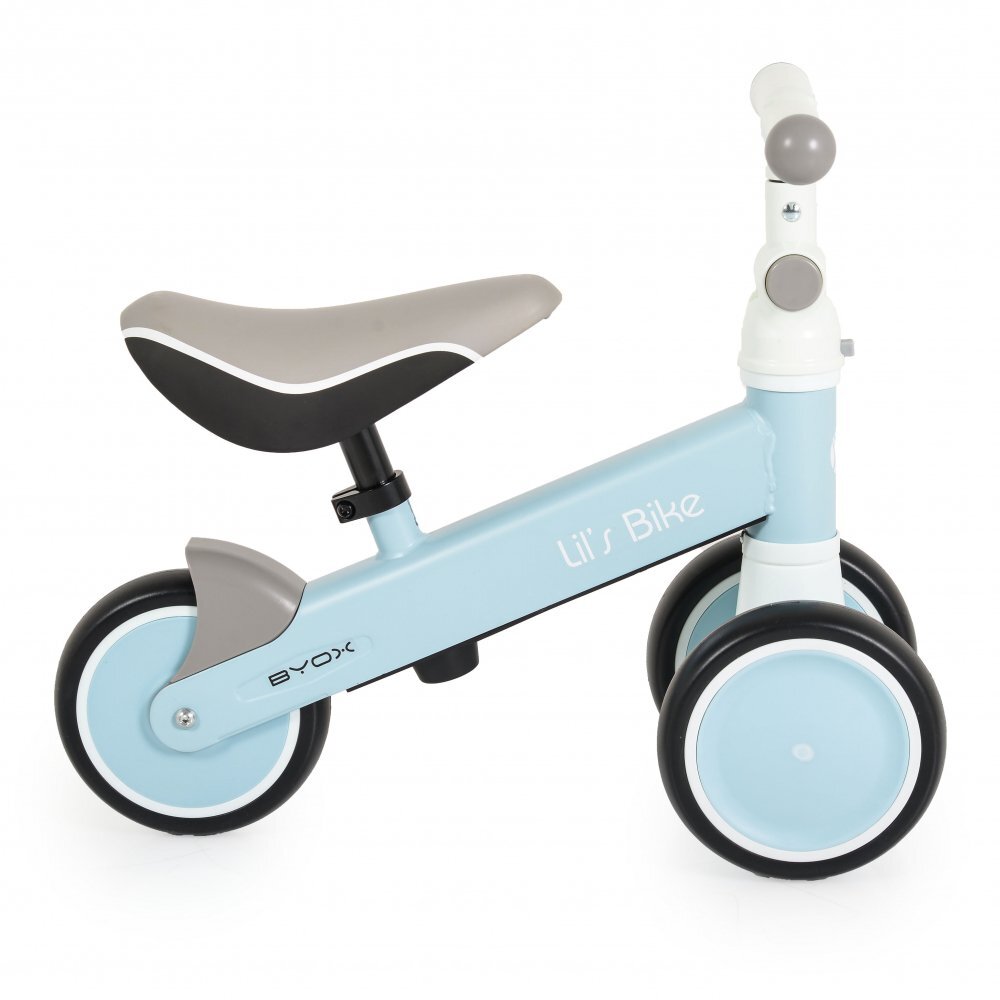 Byox Mini tricicleta de echilibru fara pedale Lils bike Blue sezut moale si reglabil pe inaltime interval de viraj limitat roti late din spuma EVA potrivita copiilor de la 1 an