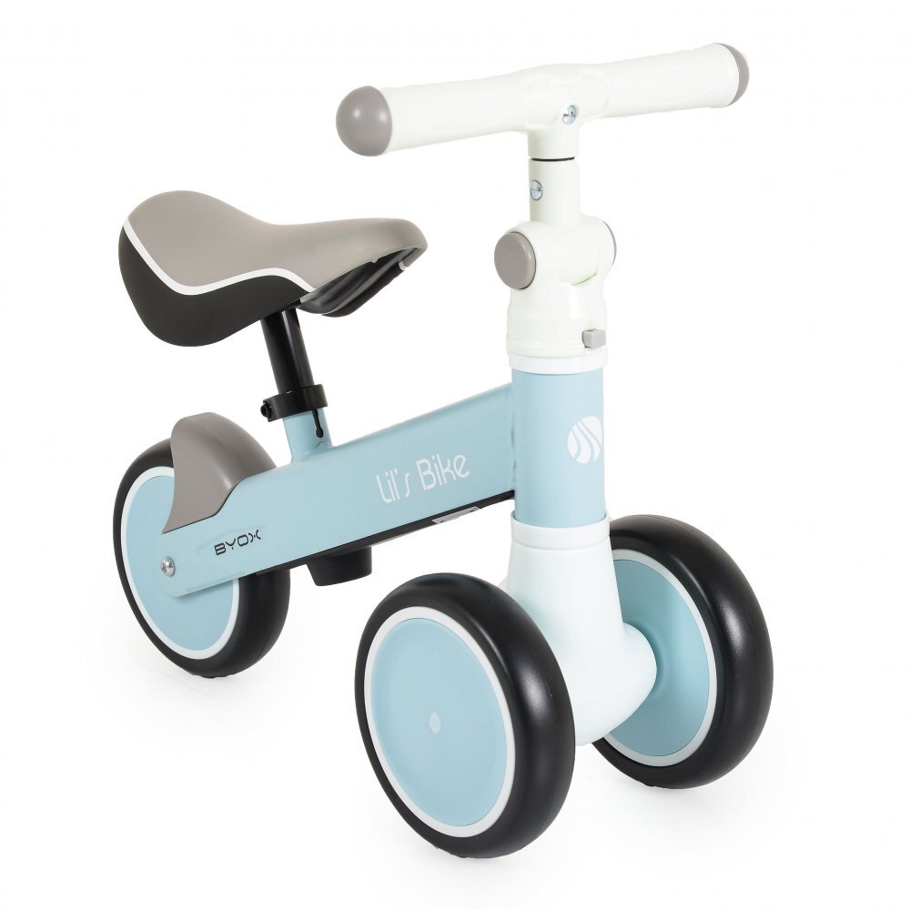 Byox Mini tricicleta de echilibru fara pedale Lils bike Blue sezut moale si reglabil pe inaltime interval de viraj limitat roti late din spuma EVA potrivita copiilor de la 1 an