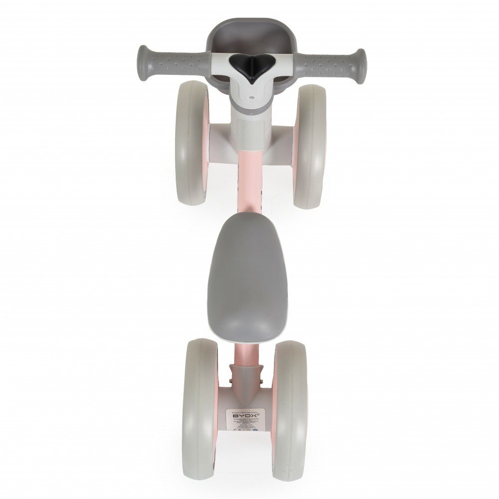 Byox Mini vehicul Ride-On de echilibru Mini Rider Roz cu scaun moale ergonomic ce poate fi reglat in doua pozitii cos frontal raza de viraj limitata roti din cauciuc Eva de la 12 luni pana la greutatea maxima de 20 kg