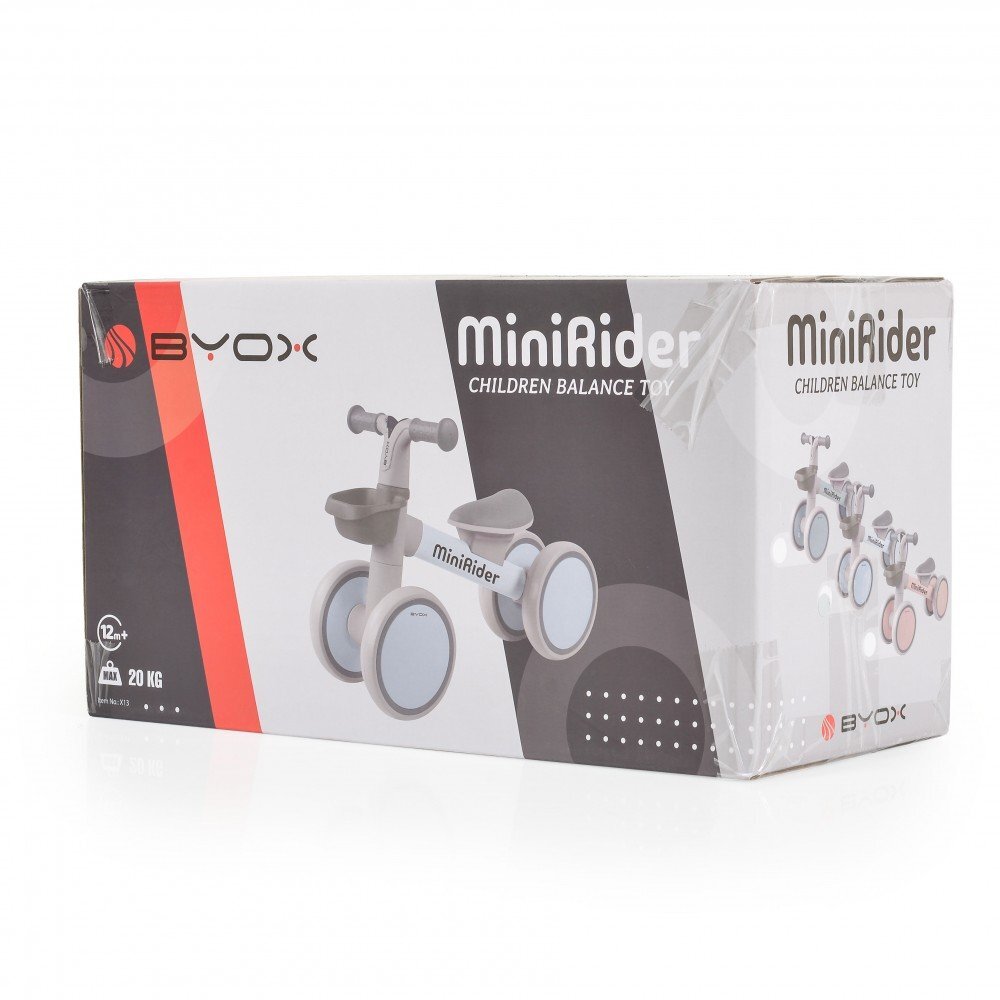 Byox Mini vehicul Ride-On de echilibru Mini Rider Roz cu scaun moale ergonomic ce poate fi reglat in doua pozitii cos frontal raza de viraj limitata roti din cauciuc Eva de la 12 luni pana la greutatea maxima de 20 kg