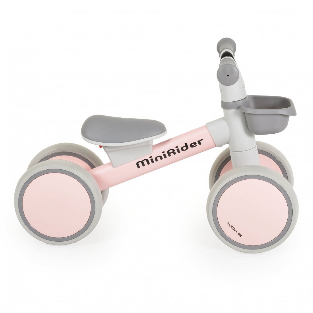 Byox Mini vehicul Ride-On de echilibru Mini Rider Roz cu scaun moale ergonomic ce poate fi reglat in doua pozitii cos frontal raza de viraj limitata roti din cauciuc Eva de la 12 luni pana la greutatea maxima de 20 kg