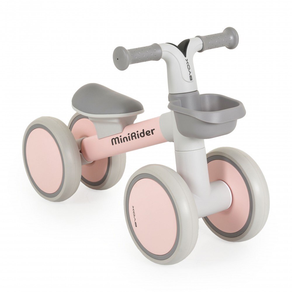 Byox Mini vehicul Ride-On de echilibru Mini Rider Roz cu scaun moale ergonomic ce poate fi reglat in doua pozitii cos frontal raza de viraj limitata roti din cauciuc Eva de la 12 luni pana la greutatea maxima de 20 kg