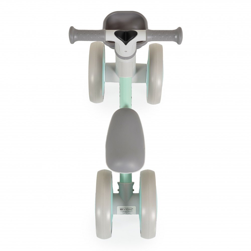 Byox Mini vehicul Ride-On de echilibru Mini Rider Verde cu scaun moale ergonomic ce poate fi reglat in doua pozitii cos frontal raza de viraj limitata roti din cauciuc Eva de la 12 luni pana la greutatea maxima de 20 kg