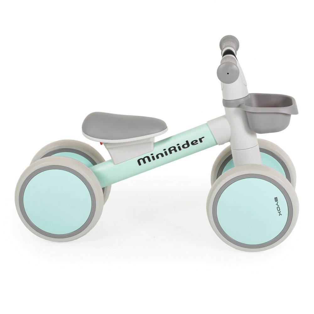 Byox Mini vehicul Ride-On de echilibru Mini Rider Verde cu scaun moale ergonomic ce poate fi reglat in doua pozitii cos frontal raza de viraj limitata roti din cauciuc Eva de la 12 luni pana la greutatea maxima de 20 kg