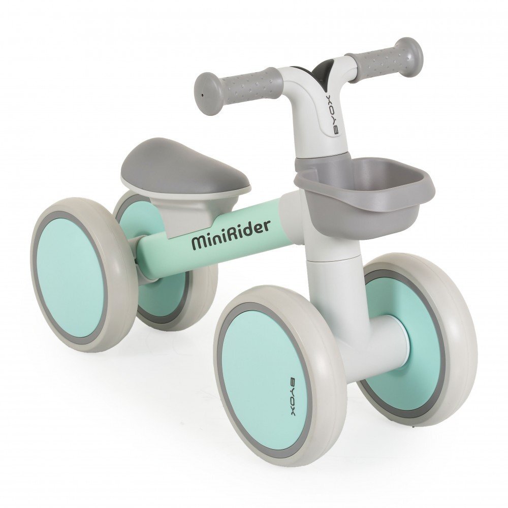 Byox Mini vehicul Ride-On de echilibru Mini Rider Verde cu scaun moale ergonomic ce poate fi reglat in doua pozitii cos frontal raza de viraj limitata roti din cauciuc Eva de la 12 luni pana la greutatea maxima de 20 kg
