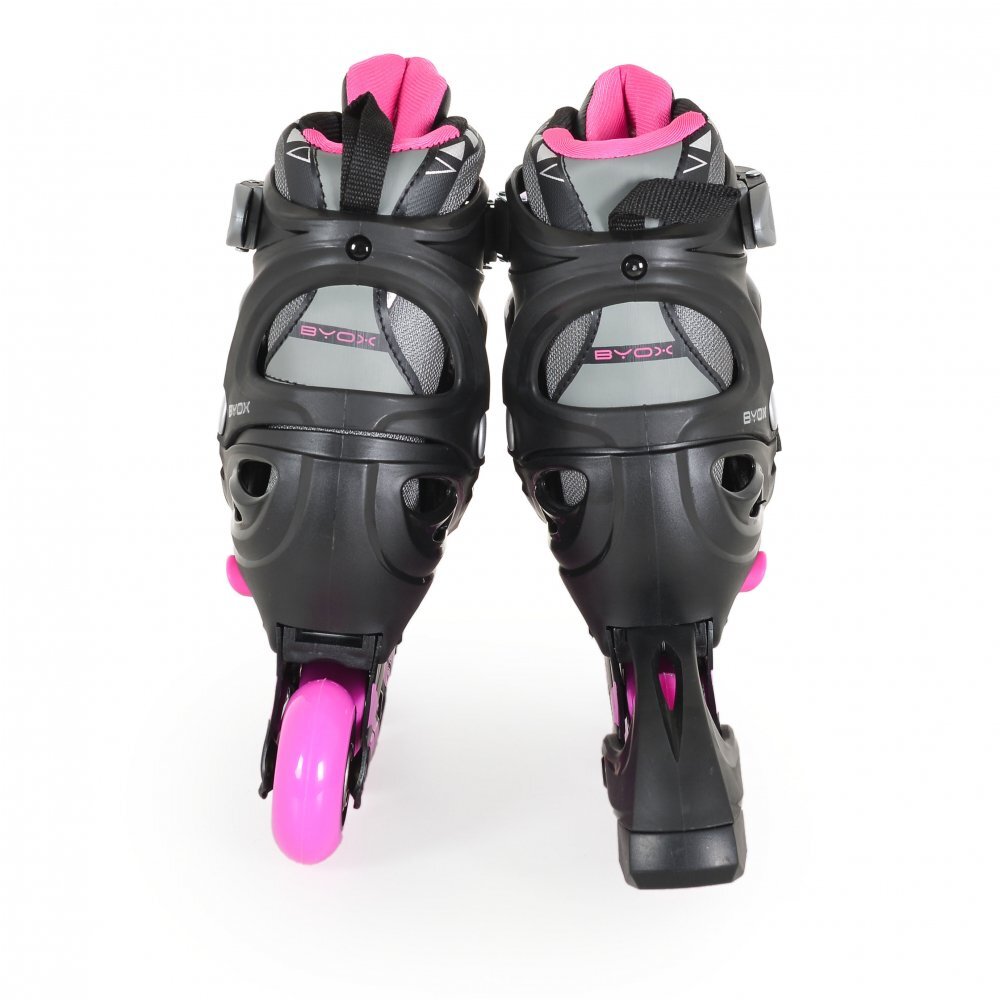 Byox Role reglabile marime 34-37 pentru copii cu roti din PUbaza din aluminiuinchidere cu sireturicurea Velcro si catarama dubla Dazzle Pink