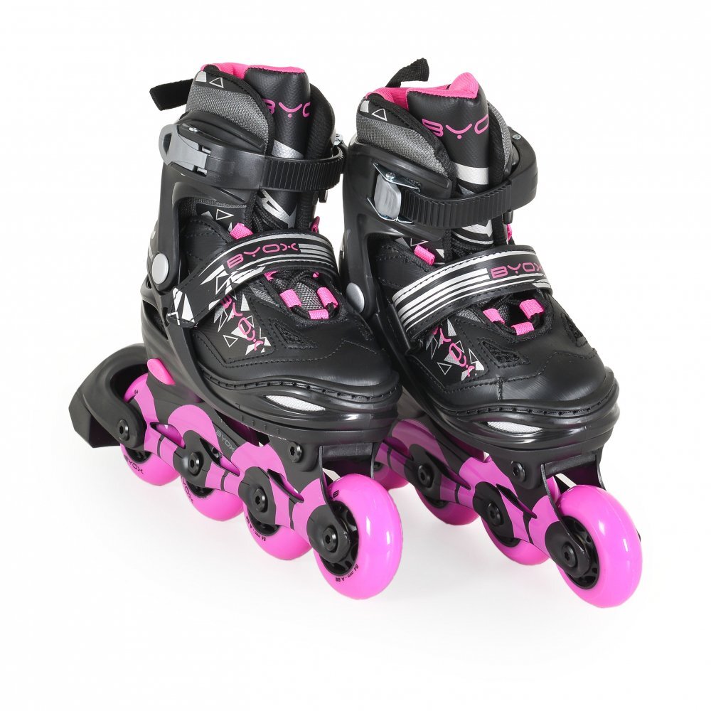 Byox Role reglabile marime 34-37 pentru copii cu roti din PUbaza din aluminiuinchidere cu sireturicurea Velcro si catarama dubla Dazzle Pink