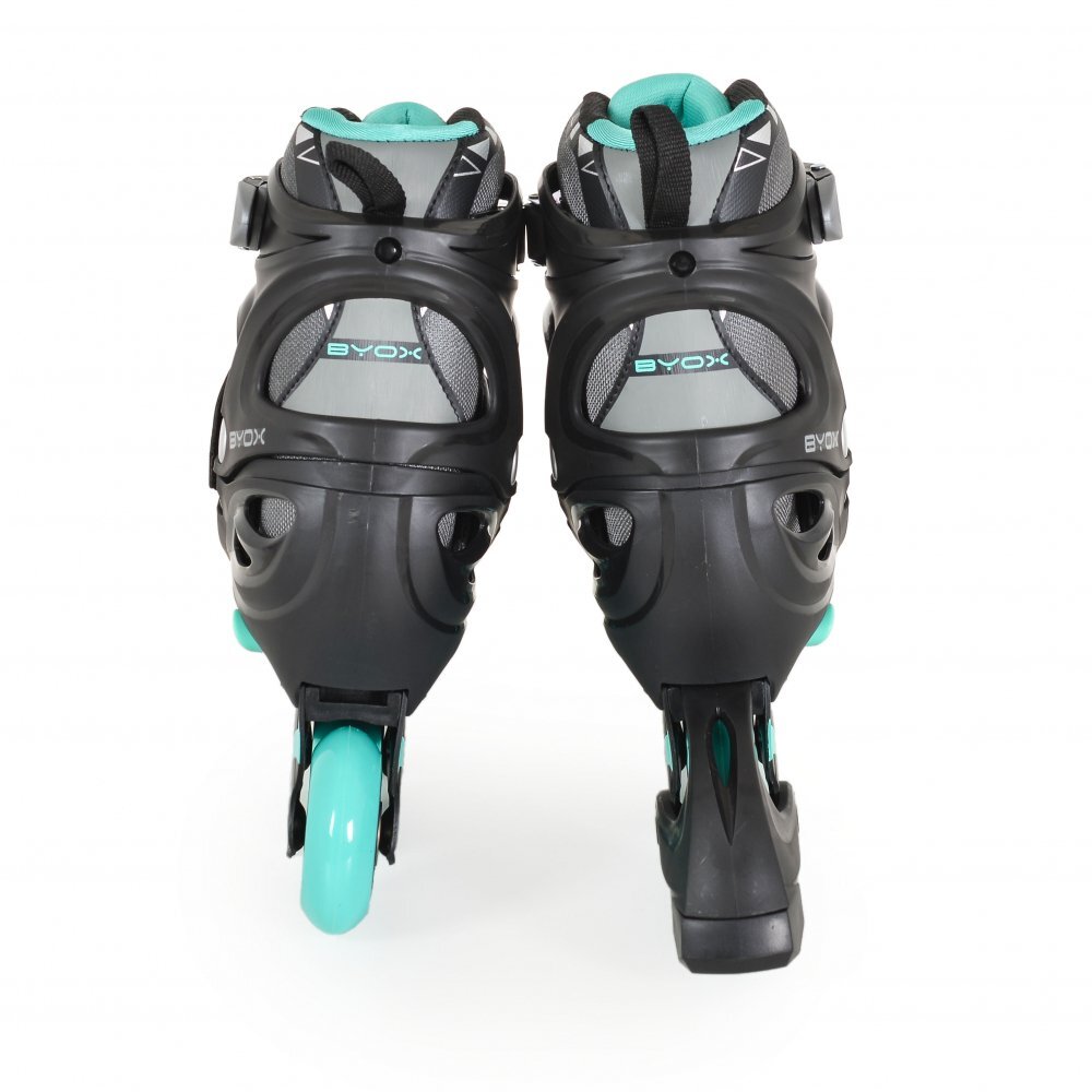 Byox Role reglabile marime 34-37 pentru copii cu roti din PUbaza din aluminiuinchidere cu sireturicurea Velcro si catarama dubla Dazzle Teal