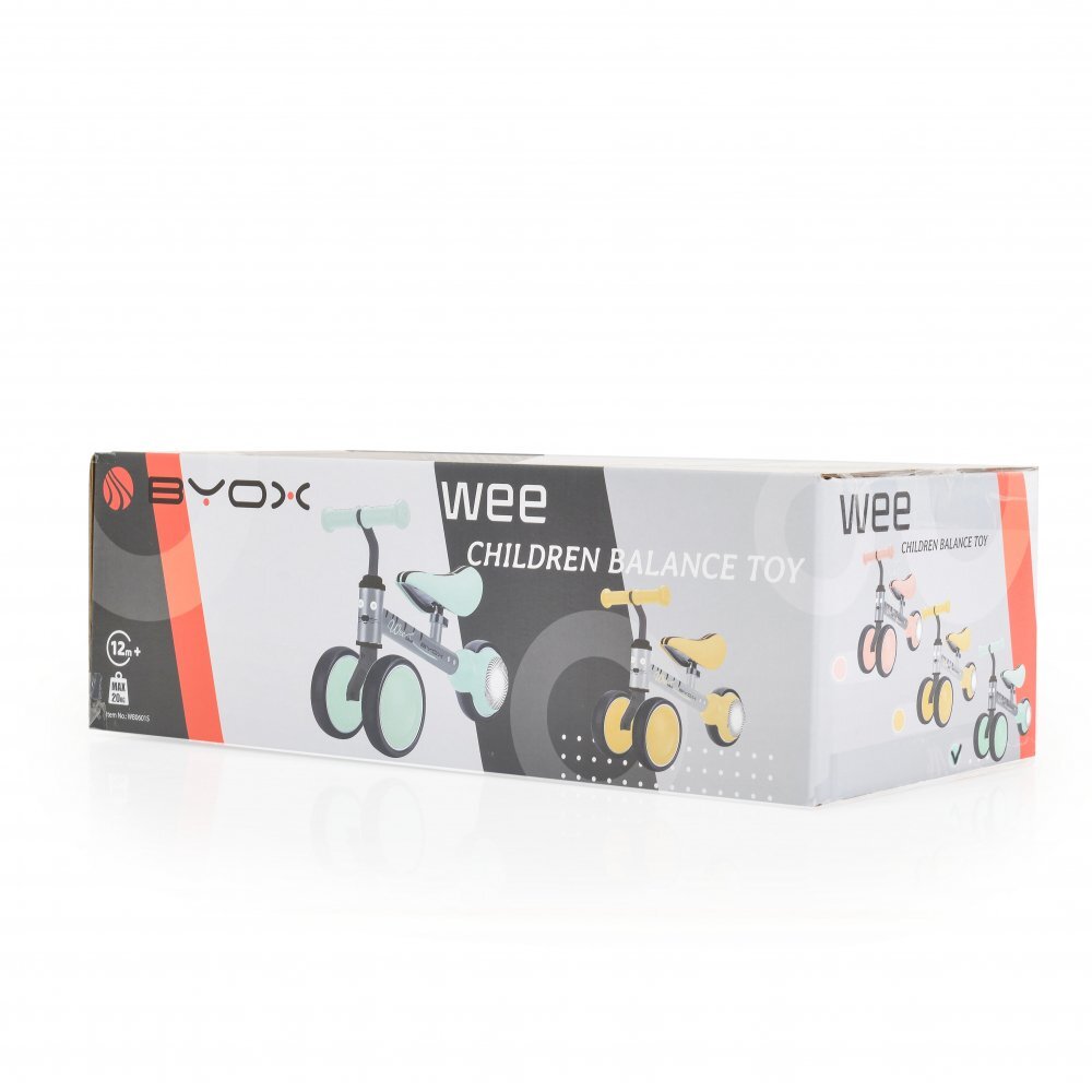 Byox Tricicleta copii fara pedale Mini Wee Yellow scaun moale reglabil pe inaltime roti cu lumini raza de rotatie limitata roti late din spuma Eva de la 12 luni pana la 20 kg