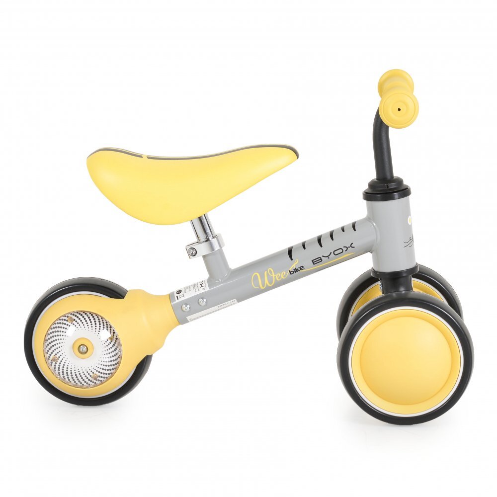 Byox Tricicleta copii fara pedale Mini Wee Yellow scaun moale reglabil pe inaltime roti cu lumini raza de rotatie limitata roti late din spuma Eva de la 12 luni pana la 20 kg