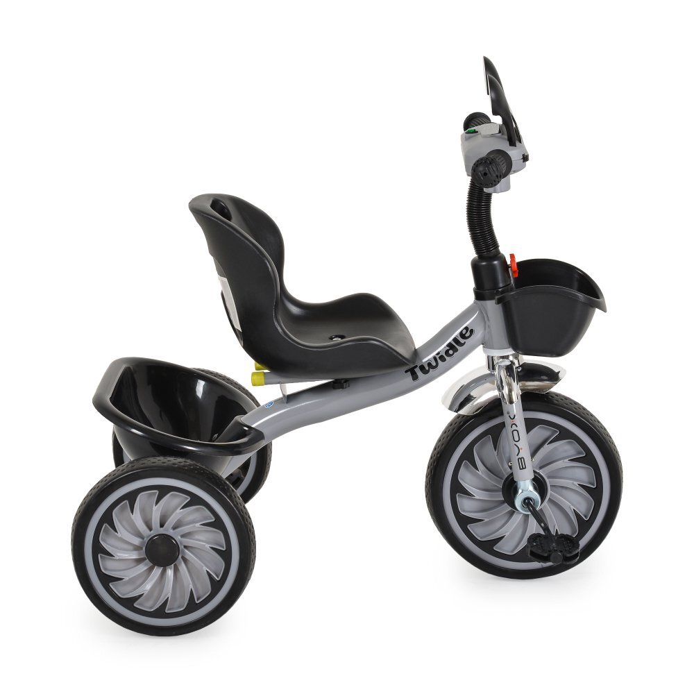 Byox Tricicleta cu pedale pentru copii Twidle Grey cu roti evasezut ergonomic reglabil cu spatarefecte de lumina si muzicaoglinzimanere ergonomicecos fata si spate pentru accesoriigreutate maxima 25kg