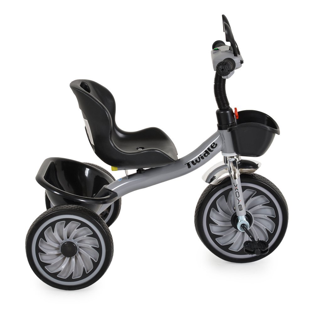 Byox Tricicleta cu pedale pentru copii Twidle Grey cu roti evasezut ergonomic reglabil cu spatarefecte de lumina si muzicaoglinzimanere ergonomicecos fata si spate pentru accesoriigreutate maxima 25kg