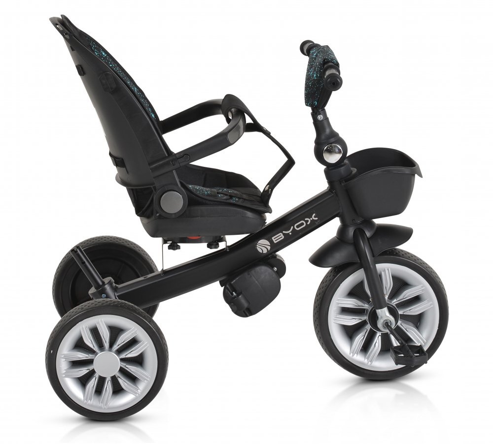 Byox Tricicleta multifunctionala pentru copii Space Blue cu roti EVAManer parinte reglabil pe inaltimeScaun rotativSpatar reglabil cu pozitie somnGhidon pliabilRoti EVA2 tipuri de suport picioareCosulet si suport pahar
