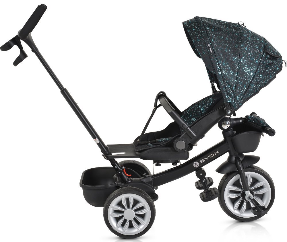 Byox Tricicleta multifunctionala pentru copii Space Blue cu roti EVAManer parinte reglabil pe inaltimeScaun rotativSpatar reglabil cu pozitie somnGhidon pliabilRoti EVA2 tipuri de suport picioareCosulet si suport pahar