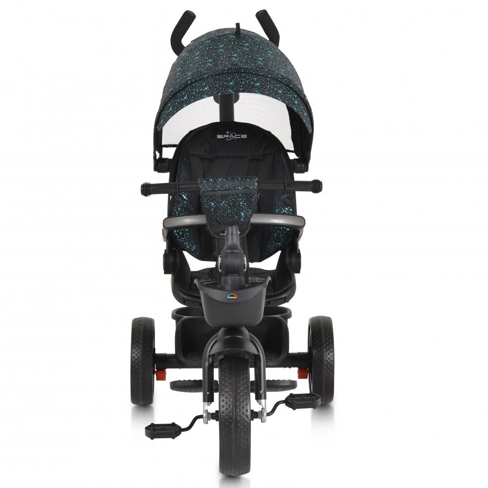 Byox Tricicleta multifunctionala pentru copii Space Blue cu roti EVAManer parinte reglabil pe inaltimeScaun rotativSpatar reglabil cu pozitie somnGhidon pliabilRoti EVA2 tipuri de suport picioareCosulet si suport pahar