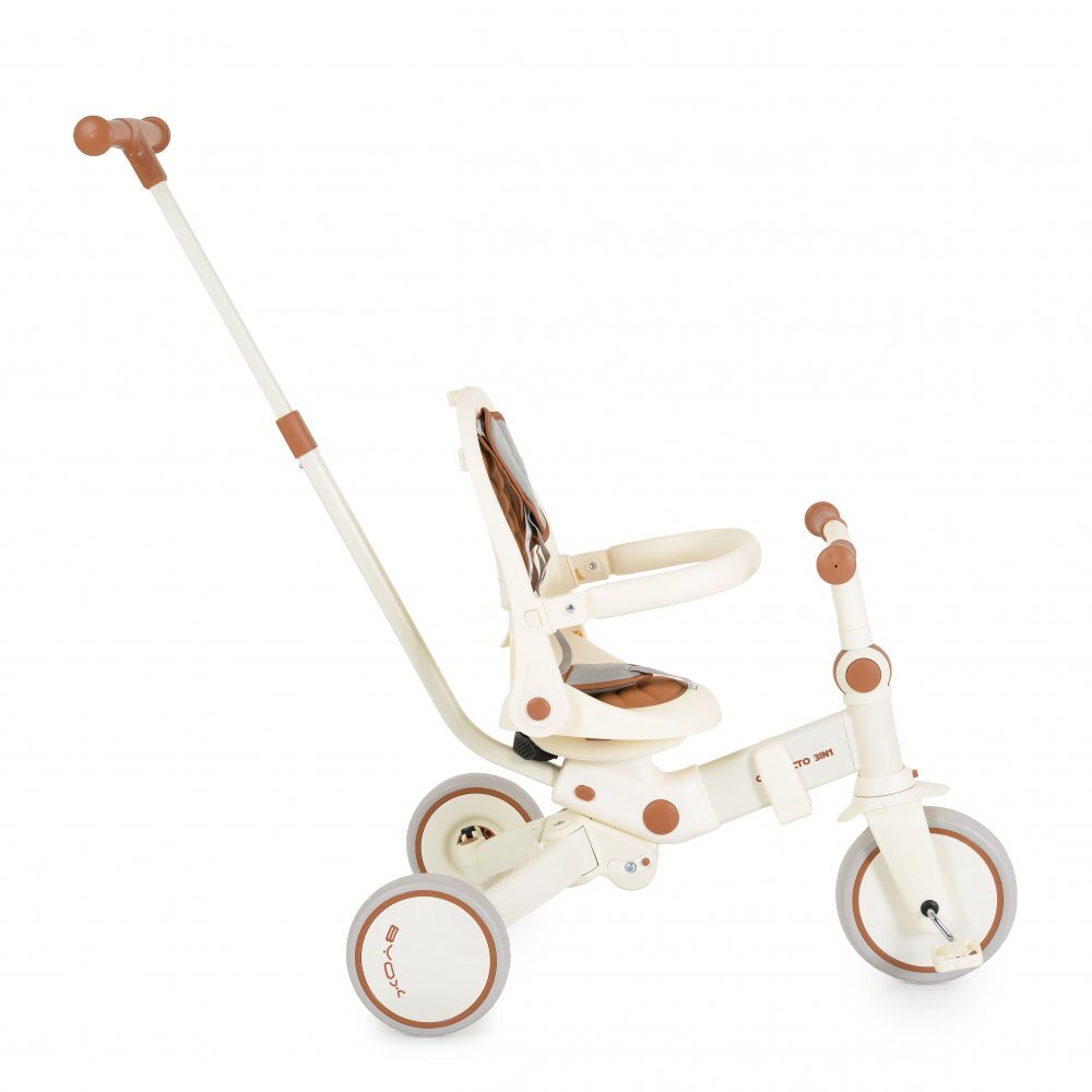 Byox Tricicleta pentru copii 3 in 1 Compacto Beige ultrapliabilacu suport de picioare control al directiei scaun reversibil rotire 360 grade spatar reglabil copertina XXLpernuta moale pe scaun si spatar
