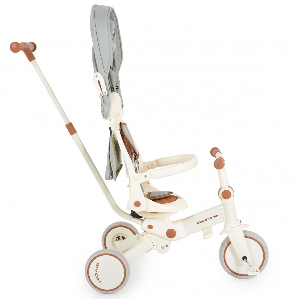 Byox Tricicleta pentru copii 3 in 1 Compacto Beige ultrapliabilacu suport de picioare control al directiei scaun reversibil rotire 360 grade spatar reglabil copertina XXLpernuta moale pe scaun si spatar