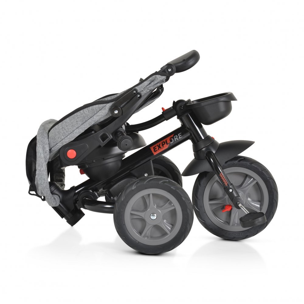 Byox Tricicleta pentru copii Explore Grey pliabila cu sezut rotativ spatar reglabil suport pentru picioare pneuri din cauciuc maner cu control al directiei cosulet pentru accesorii