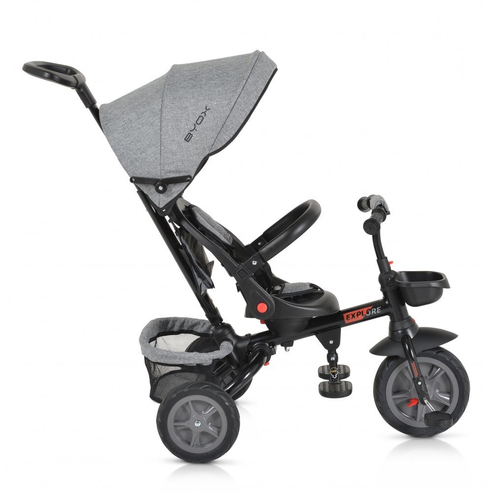 Byox Tricicleta pentru copii Explore Grey pliabila cu sezut rotativ spatar reglabil suport pentru picioare pneuri din cauciuc maner cu control al directiei cosulet pentru accesorii
