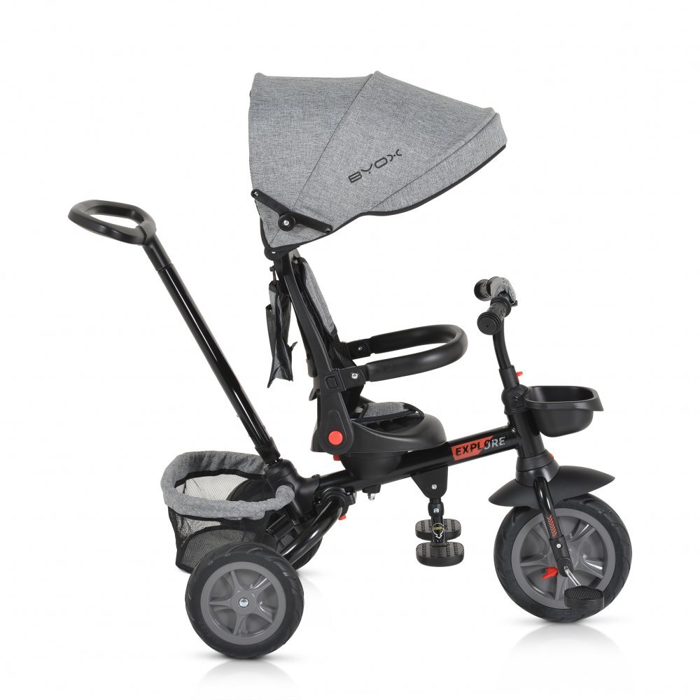 Byox Tricicleta pentru copii Explore Grey pliabila cu sezut rotativ spatar reglabil suport pentru picioare pneuri din cauciuc maner cu control al directiei cosulet pentru accesorii