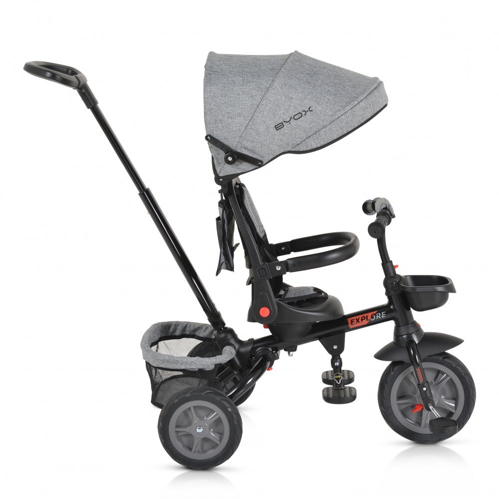 Byox Tricicleta pentru copii Explore Grey pliabila cu sezut rotativ spatar reglabil suport pentru picioare pneuri din cauciuc maner cu control al directiei cosulet pentru accesorii