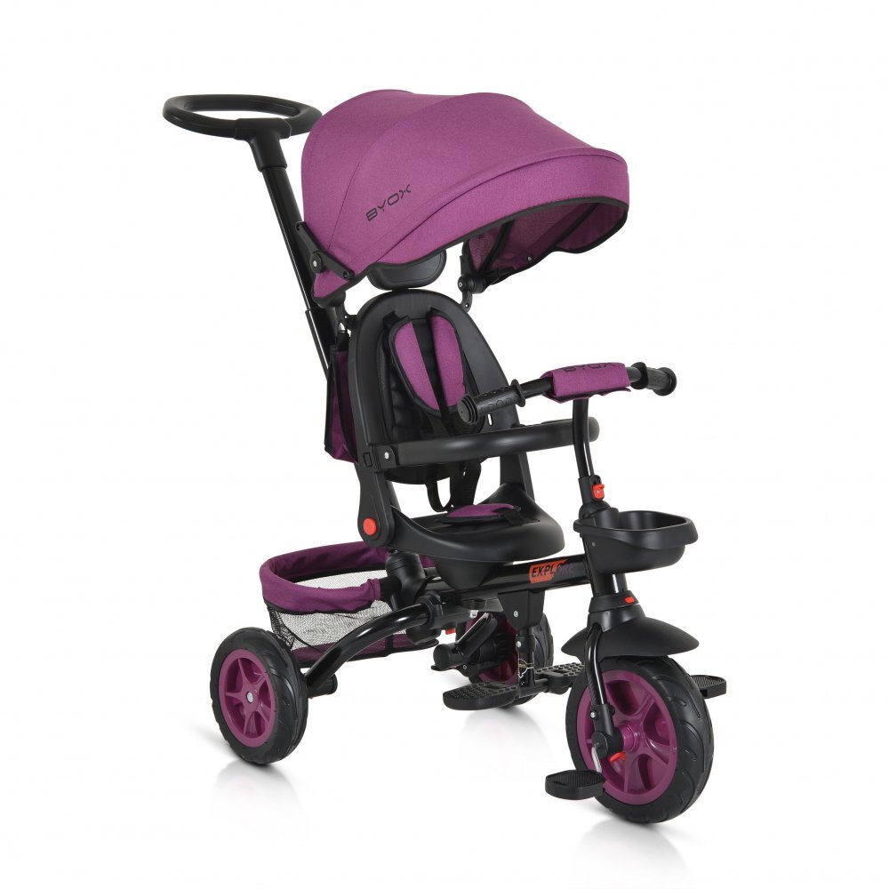 Byox Tricicleta pentru copii Explore Purple pliabila cu sezut rotativ spatar reglabil suport pentru picioare pneuri din cauciuc maner cu control al directiei cosulet pentru accesorii