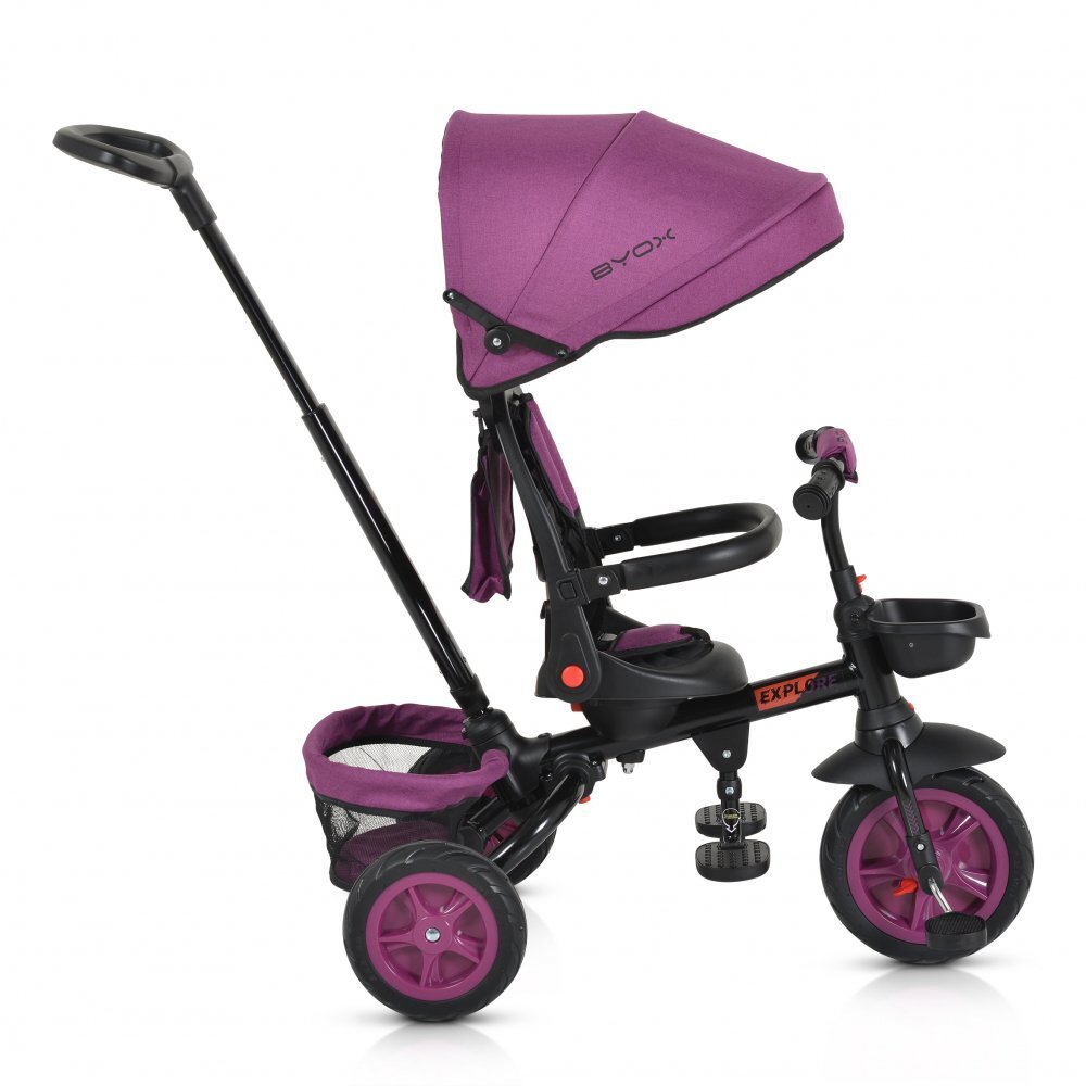 Byox Tricicleta pentru copii Explore Purple pliabila cu sezut rotativ spatar reglabil suport pentru picioare pneuri din cauciuc maner cu control al directiei cosulet pentru accesorii