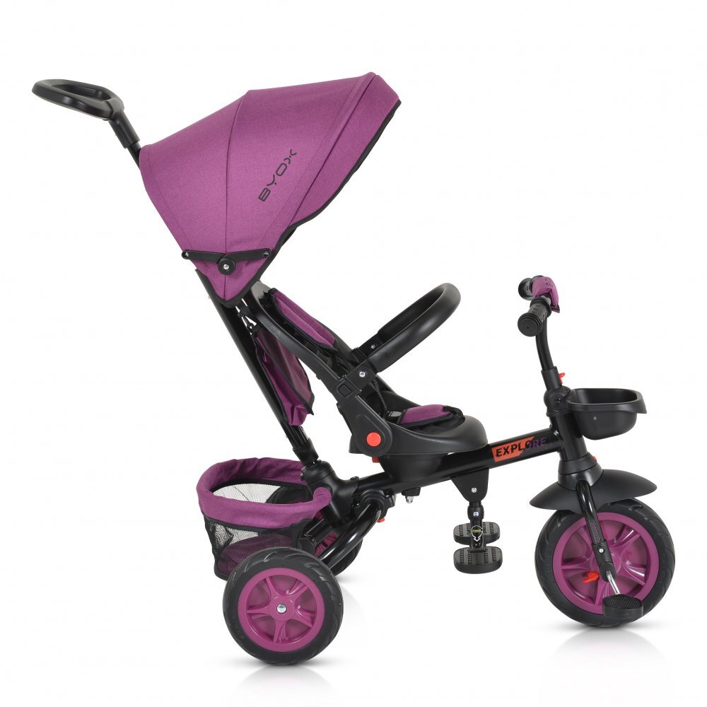 Byox Tricicleta pentru copii Explore Purple pliabila cu sezut rotativ spatar reglabil suport pentru picioare pneuri din cauciuc maner cu control al directiei cosulet pentru accesorii