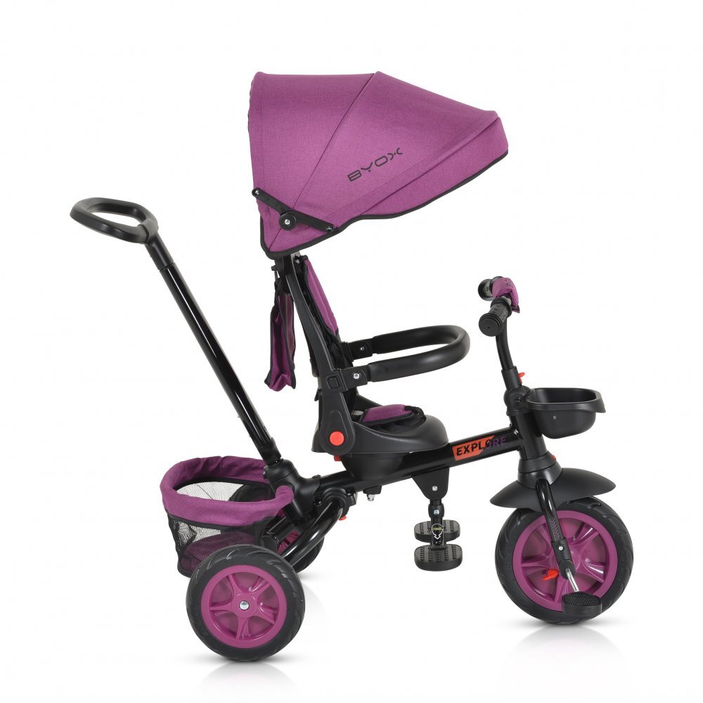 Byox Tricicleta pentru copii Explore Purple pliabila cu sezut rotativ spatar reglabil suport pentru picioare pneuri din cauciuc maner cu control al directiei cosulet pentru accesorii