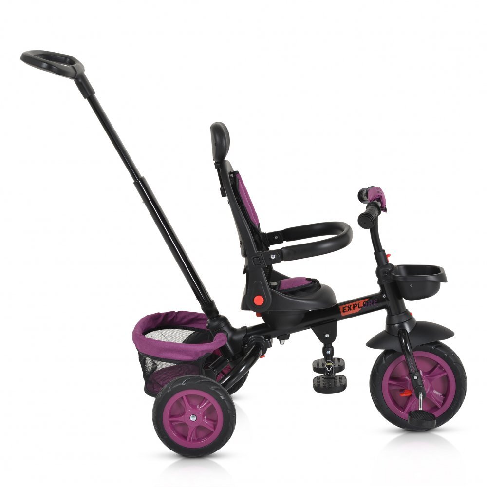 Byox Tricicleta pentru copii Explore Purple pliabila cu sezut rotativ spatar reglabil suport pentru picioare pneuri din cauciuc maner cu control al directiei cosulet pentru accesorii