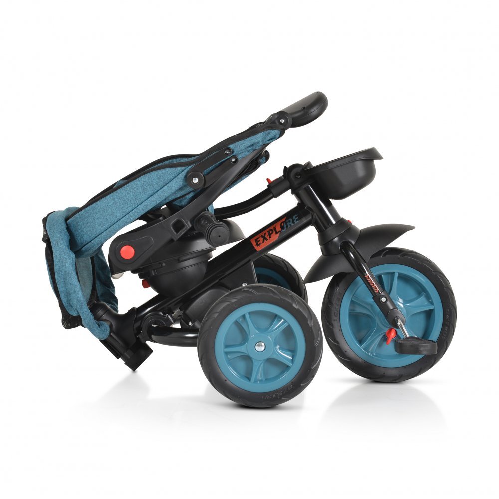 Byox Tricicleta pentru copii Explore Turquoise pliabila cu sezut rotativ spatar reglabil suport pentru picioare pneuri din cauciuc maner cu control al directiei cosulet pentru accesorii