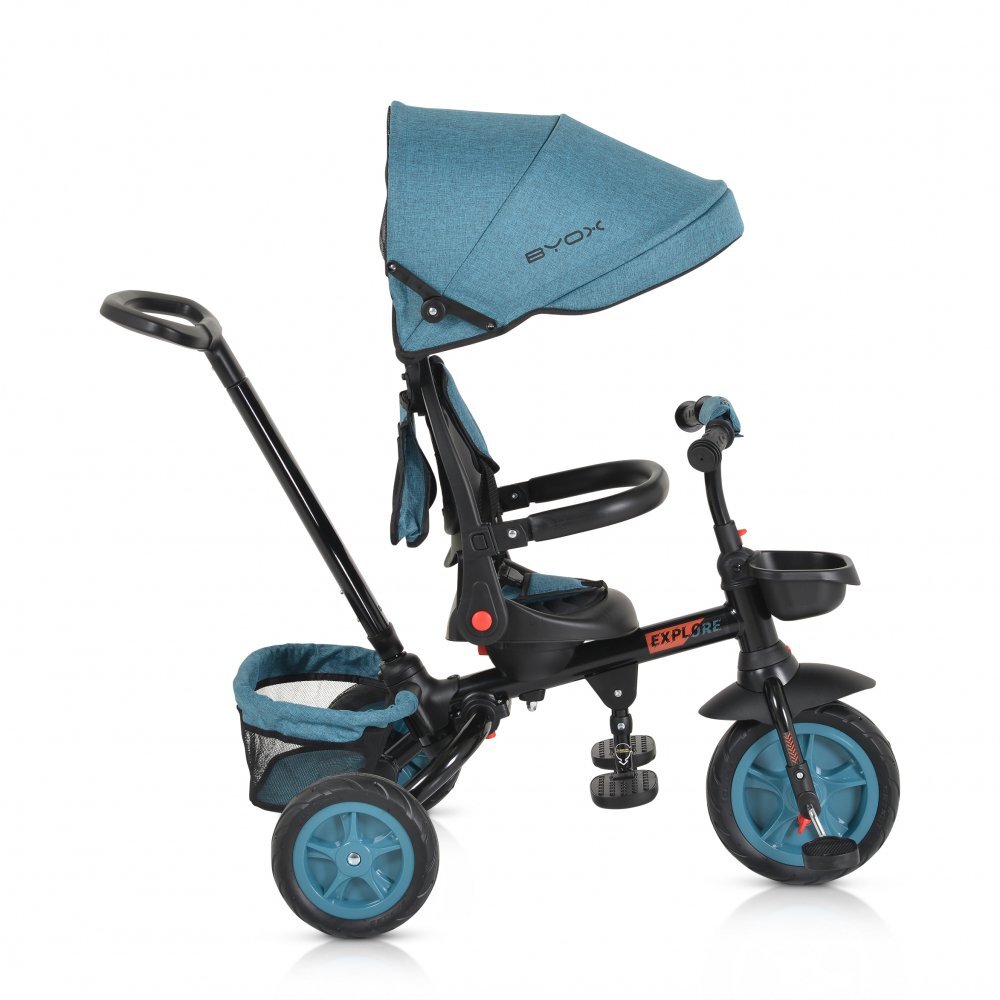 Byox Tricicleta pentru copii Explore Turquoise pliabila cu sezut rotativ spatar reglabil suport pentru picioare pneuri din cauciuc maner cu control al directiei cosulet pentru accesorii