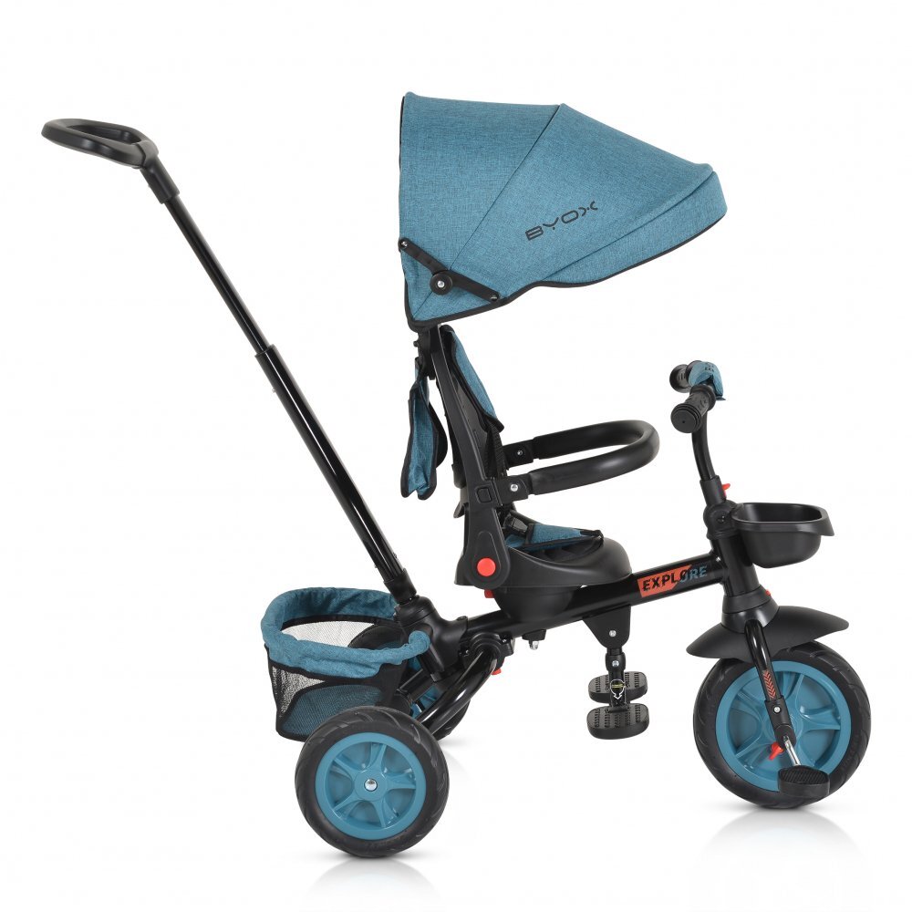 Byox Tricicleta pentru copii Explore Turquoise pliabila cu sezut rotativ spatar reglabil suport pentru picioare pneuri din cauciuc maner cu control al directiei cosulet pentru accesorii