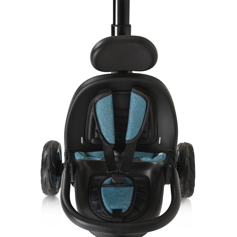 Byox Tricicleta pentru copii Explore Turquoise pliabila cu sezut rotativ spatar reglabil suport pentru picioare pneuri din cauciuc maner cu control al directiei cosulet pentru accesorii